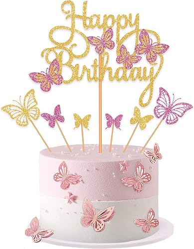 Decoración para tartas, decoración dorada de feliz cumpleaños para fiesta, 7 piezas de decoración de pastel de mariposa para cumpleaños,