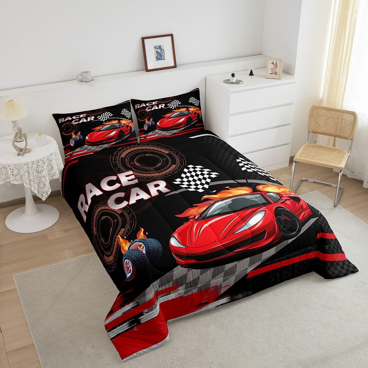 Feelyou Kids Red Race car Comforter Set Full Size Speed Sports Car Bedding Set Boys Girls Automobile Racing Car Quilt Set Extreme Sports Theme Bed Set