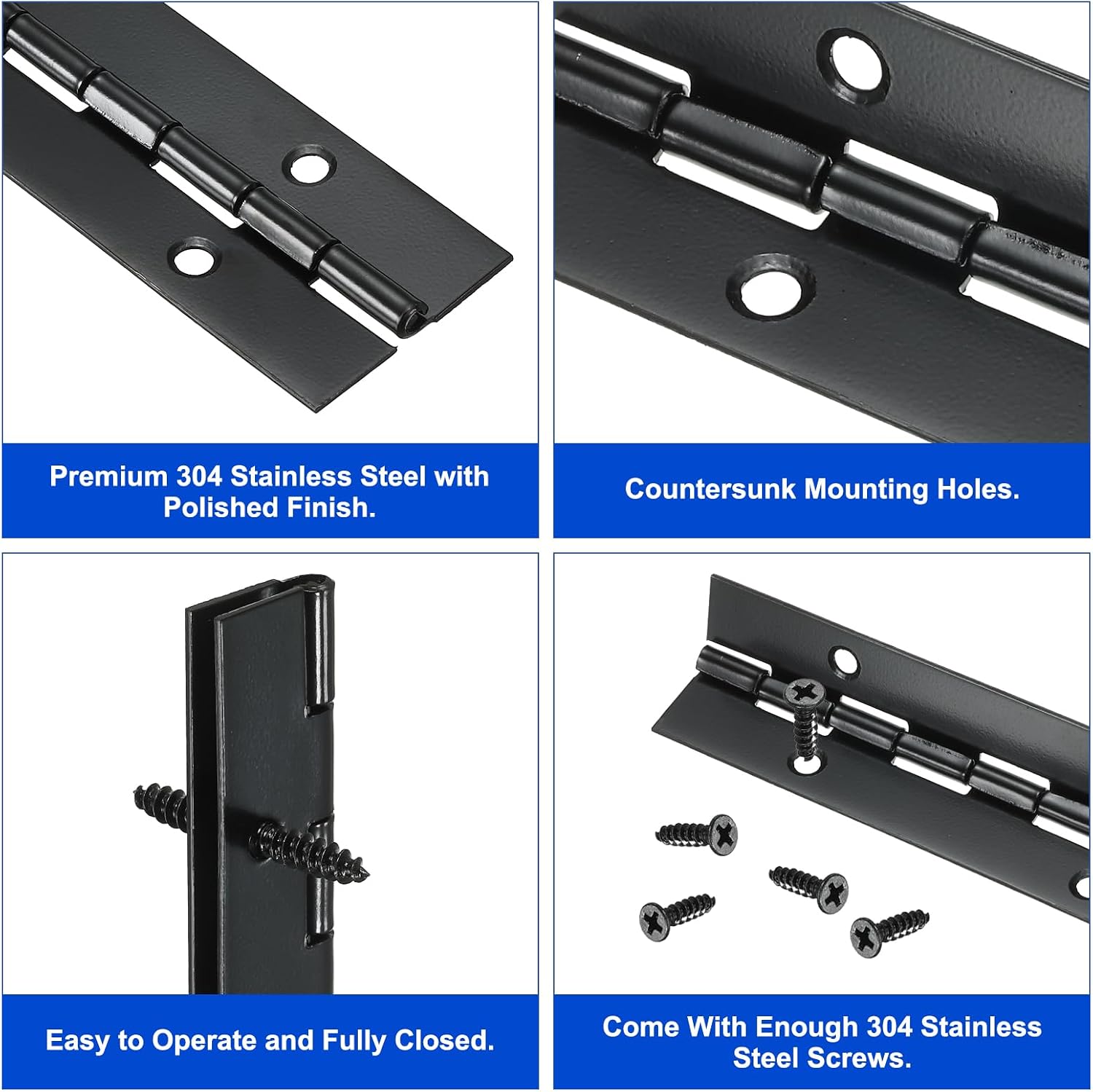uxcell 2 Pack Piano Hinge, 20" Stainless Steel Continuous Hinge Door Hinge with Holes, for Boat Cabinet Door Box Furniture, Black