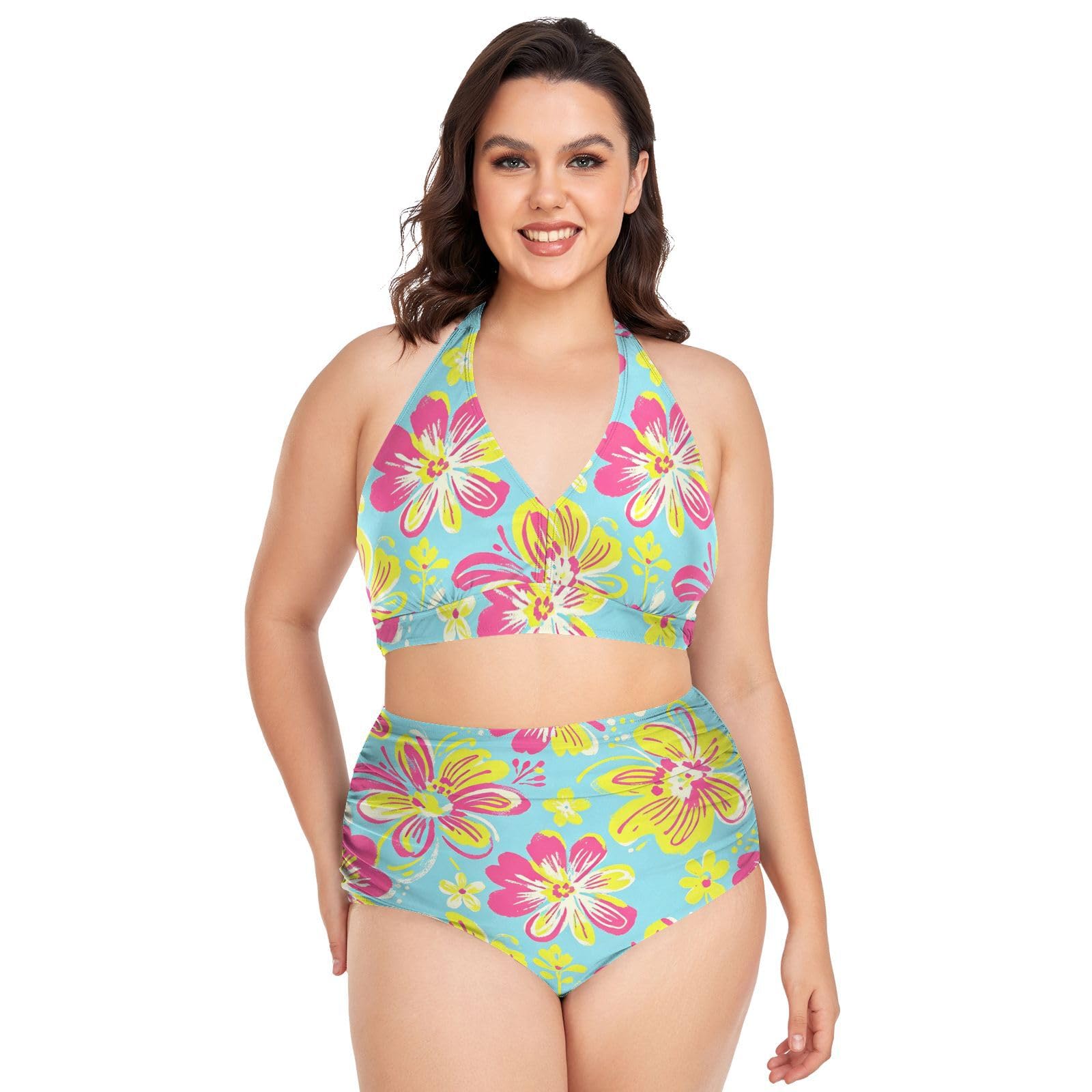 Maillots de bain deux pièces grande taille à motif fleurs tropicales roses