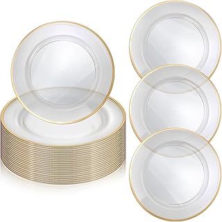 25pcs Gold Charger Plates Bulk,12 Inches Clear Charger Plate with Gold Trim,Plastic Disposable Chargers Plates for Dinner, Wedding, Party, New Year
