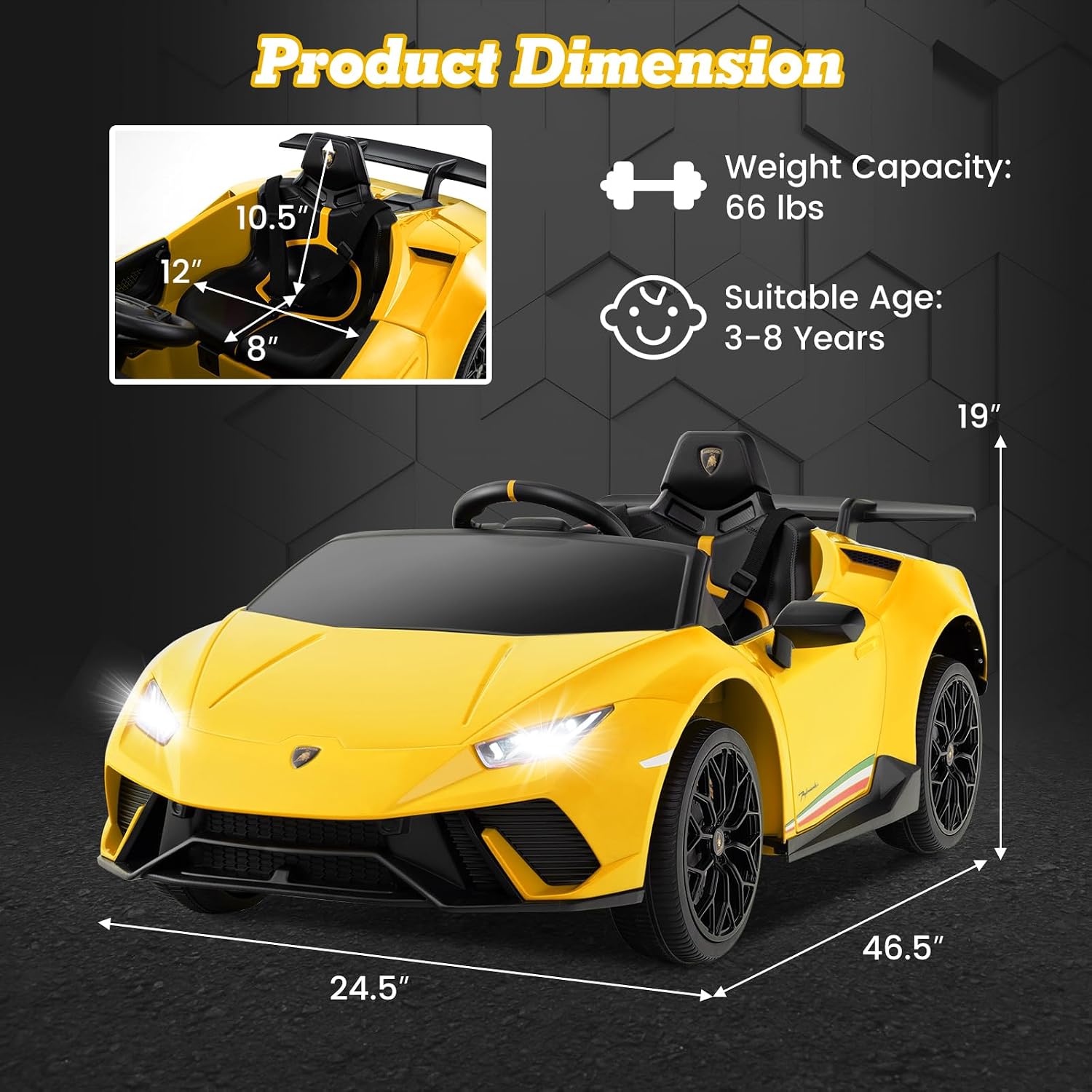 Licensed Lamborghini Huracan Ride on Car by INFANS, 12V Kids Electric Vehicle Battery Powered Toy with Remote Control, LED Lights, Spring Suspension, Bluetooth, MP3, Aged 3-8 Years (Yellow)