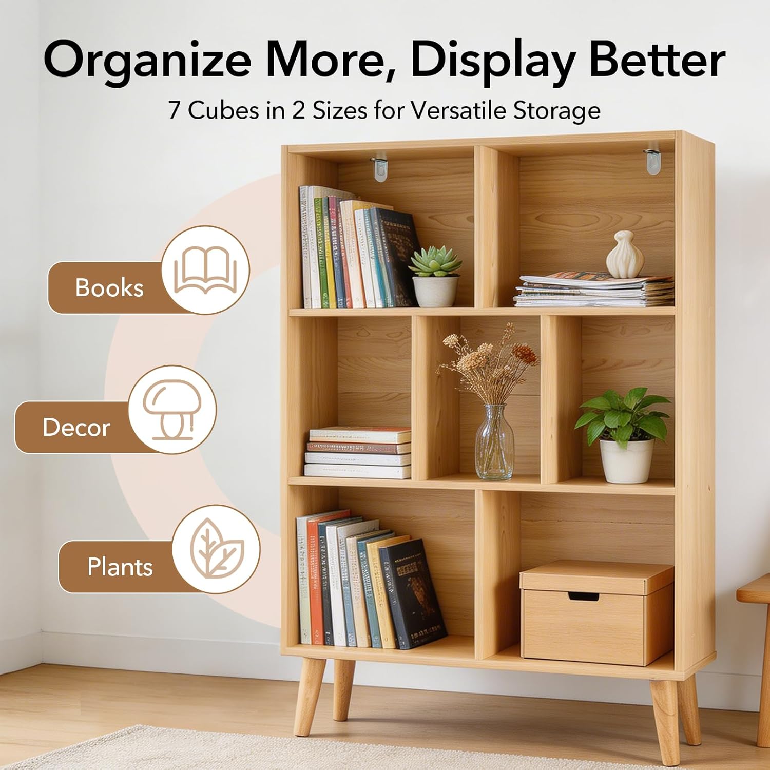 DUMOS Bookshelf, 7 Cube Book Shelf with Legs, 3-Tier Modern Wooden Bookcase, Free Standing Cube Shelf for Living Room, Bedroom, Office, Wood