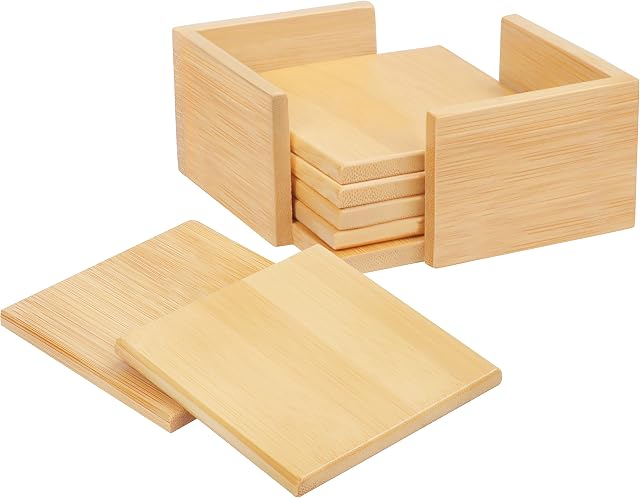 BELLE VOUS Square Wooden Coasters (6 Pack) - 9.2 x 9.2cm / 3.62 x 3.62 inches - Drinks Coaster Set With Bamboo Holder for Any Coffee Table Surface Including Wood, Glass, Marble, Granite, and Stone