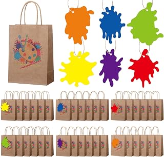 Marspark 36 Set Art Paint Party Favor Bags with Paint Splatter Tags Colorful Palette Paper Gift Treat Goodie Bags for Art Theme Birthday Painting Splatter Party Decorations Candy Snack Supplies