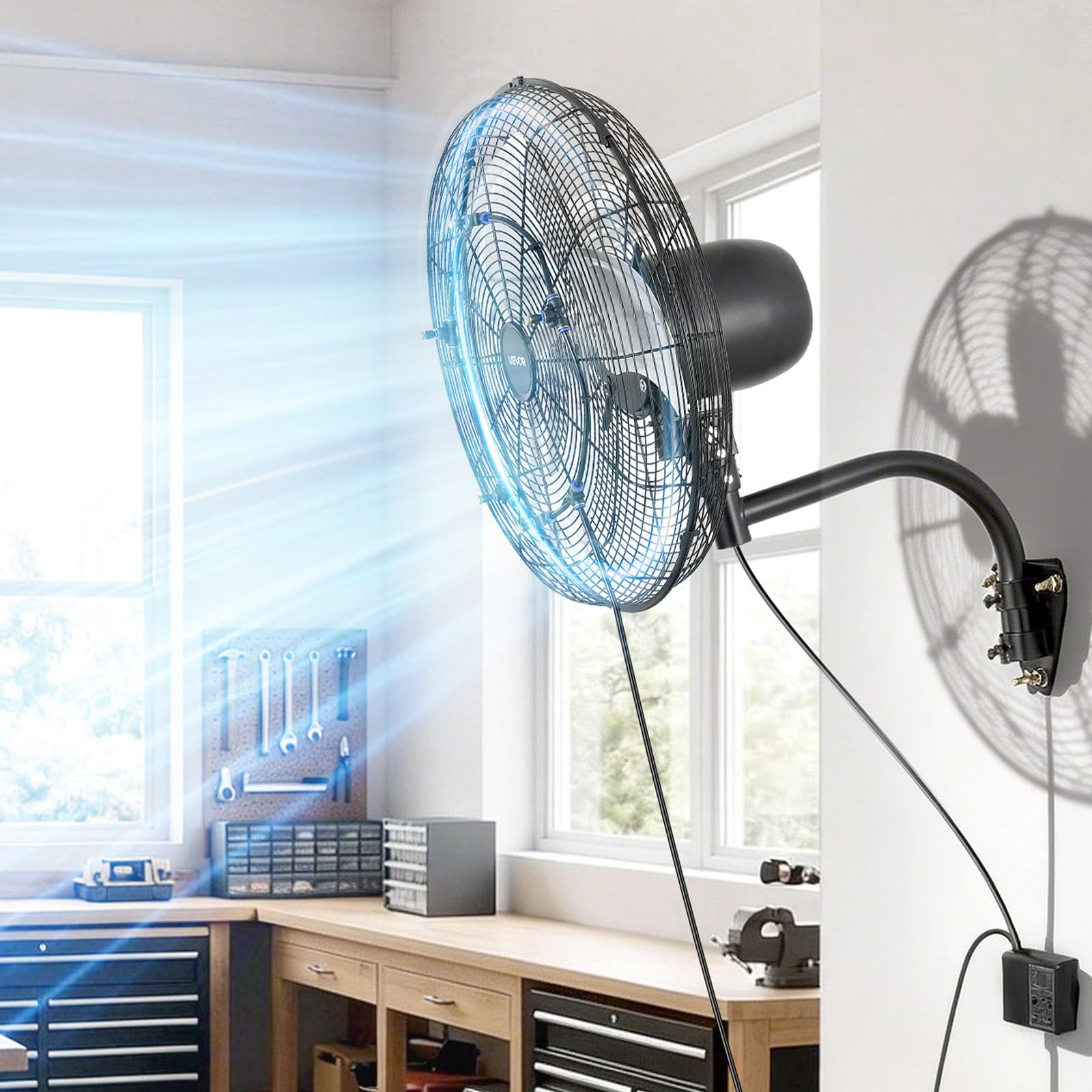VEVOR Ventilatore da Parete Industriale, 505 mm, Ventilatore Oscillante a Muro con Nebulizzazione, IP44, 3 Velocità, Telecomando, Flusso d'Aria Potente, per Officine, Garage e Ambienti Commerciali