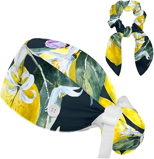 FVQL 2 Pieces Surgical Cap for Long Hair Scrub Cap with Hairband Nurse Cap, Lemon and Leaf Flower