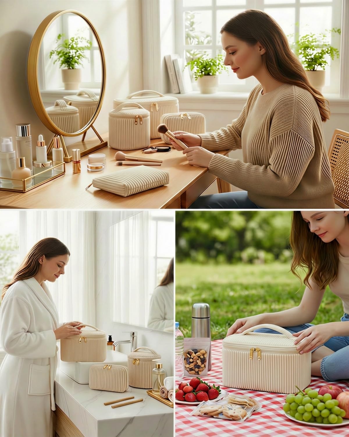 Set de 4 Neceseres Maquillaje Mujer de Nailon con Asa, Estuche Cosméticos Grande Mediano Pequeño Mini, Organizador de Viaje y Uso Diario, Beige