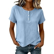 Womens Linen Shirts Short Sleeve Henley Cotton Blend Tops Loose Casual Blouses for Daily Wear Travel Summer