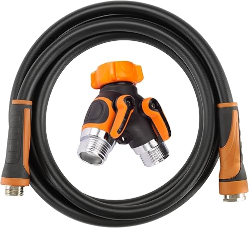 Giraffe - Divisor de manguera de 2 vías y manguera híbrida líder de jardín de 58 pulgadas y 10 pies