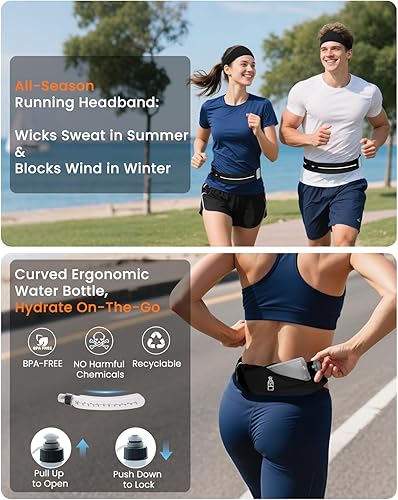 Miniatura 4 de Cinturón de correr para mujeres y hombres, cangureras ajustables sin rebote para correr con botella de agua y diadema, riñonera reflectante