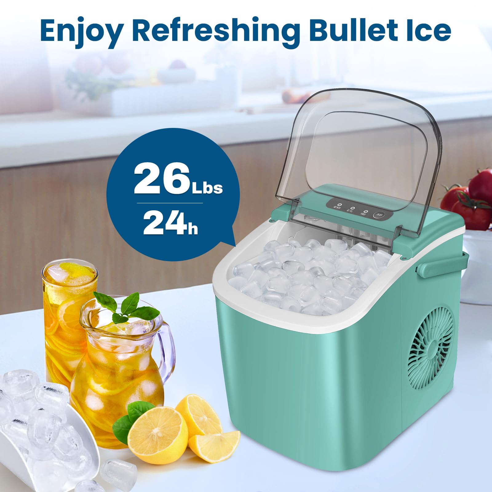 Pioch Ice Makers Countertop, Portable Ice Maker Machine With Carry Handle, 26lbs/24h, Ice Machine Self-Cleaning With Basket And Scoop For Home Kitchen Party,Green on Fridge.com - View 2