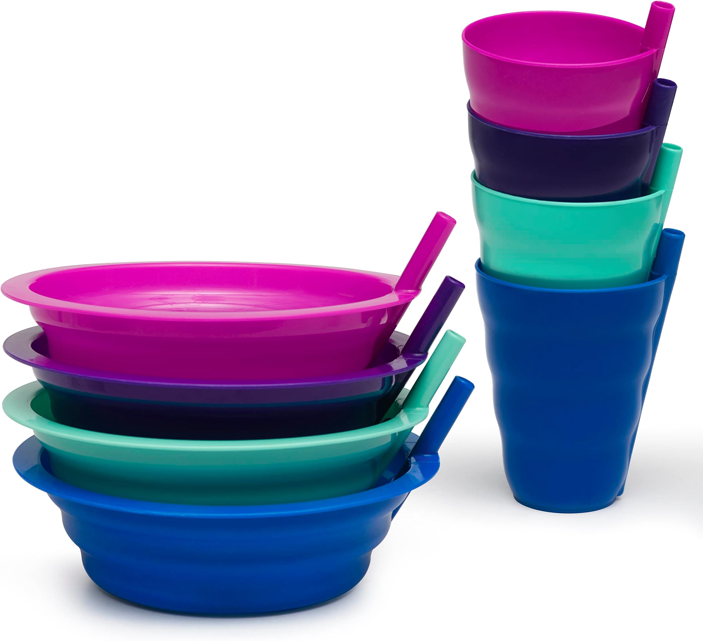 Klickpick HomeCereal Bowls with Straws and Kids Straw Cups - Set of 4 Bowls with Straws for Kids, and 4 Straw Cups for Kids BPA Free Dishwasher Safe Great for Kids and Toddlers
