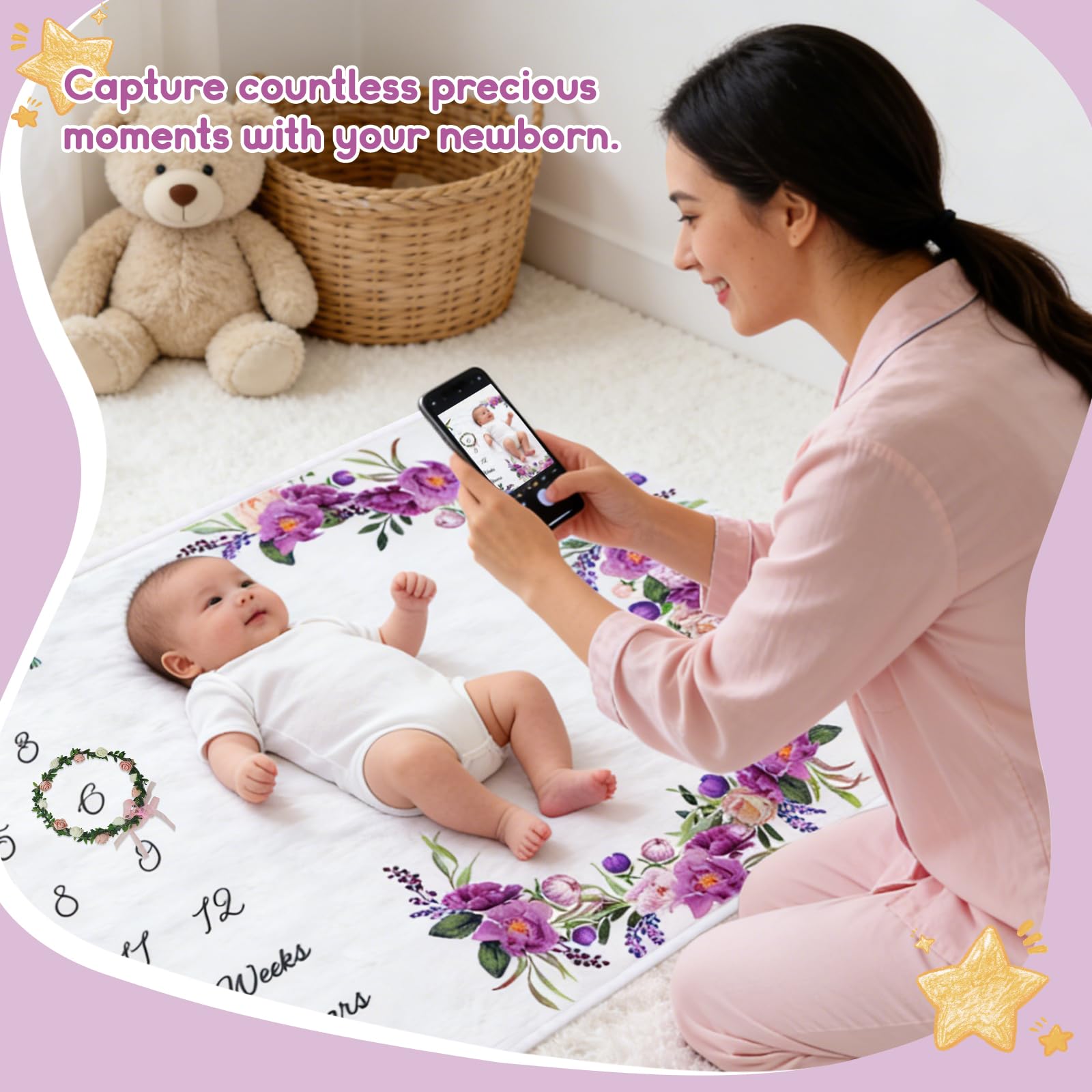 wocharm Baby Milestone Mat Blanket Photo Prop with Floral Numbers Newborn Boy Girl Gift(Purple), 40in x 60in - Image 2