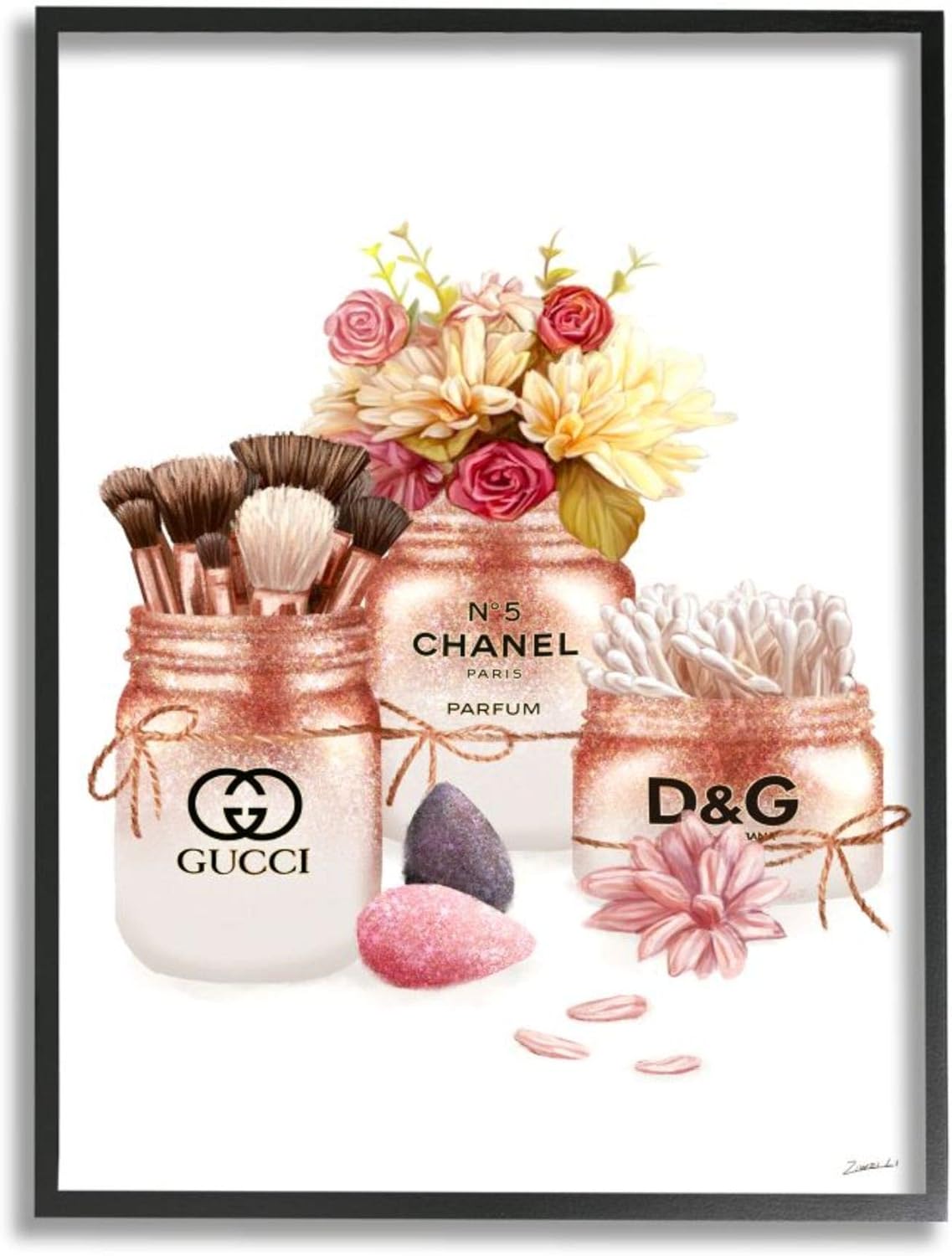 Stupell Industries Fashion Cosmetic Jars and Floral Bouquet Ziwei Li Black Framed Wall Art, 16 x 20