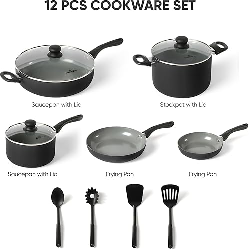 Miniatura 4 de Flamingpan Juego de ollas y sartenes antiadherentes de 12 piezas, utensilios de cocina con revestimiento de cerámica, aptos para lavavajillas, juego