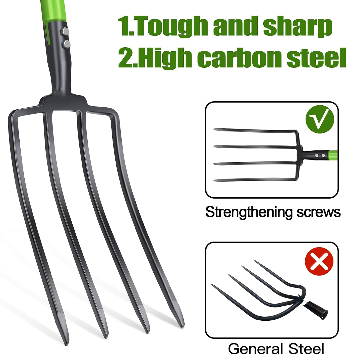 GARDENWORK Pitch Fork,Pitch Forks for Garden,45-Inch Gardening Fork with 4 Tines,Heavy Duty Digging Spading Fork for Compost,Manure,Mulch,Aeration,Steel Handle & Strengthen Fork Head