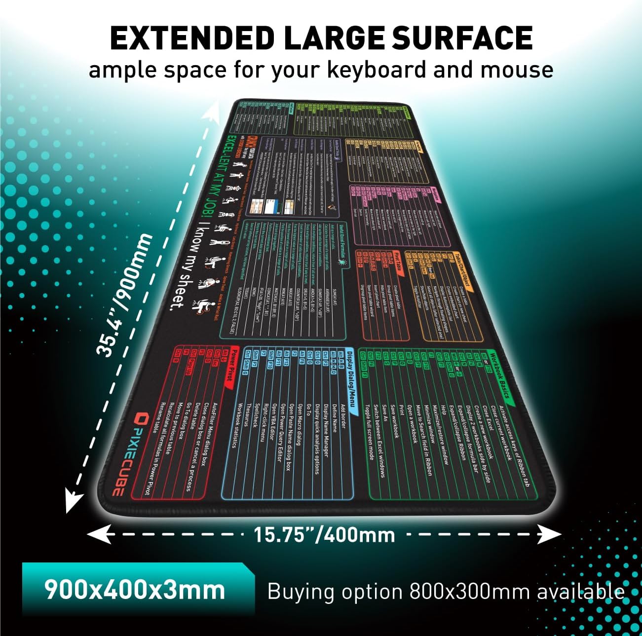Pixiecube Excel Shortcut Keys Mouse Pad - Extended Large XXL Cheat Sheet Gaming Mousepad | PC Office Spreadsheet Keyboard Mat | Non-Slip Stitched Edge