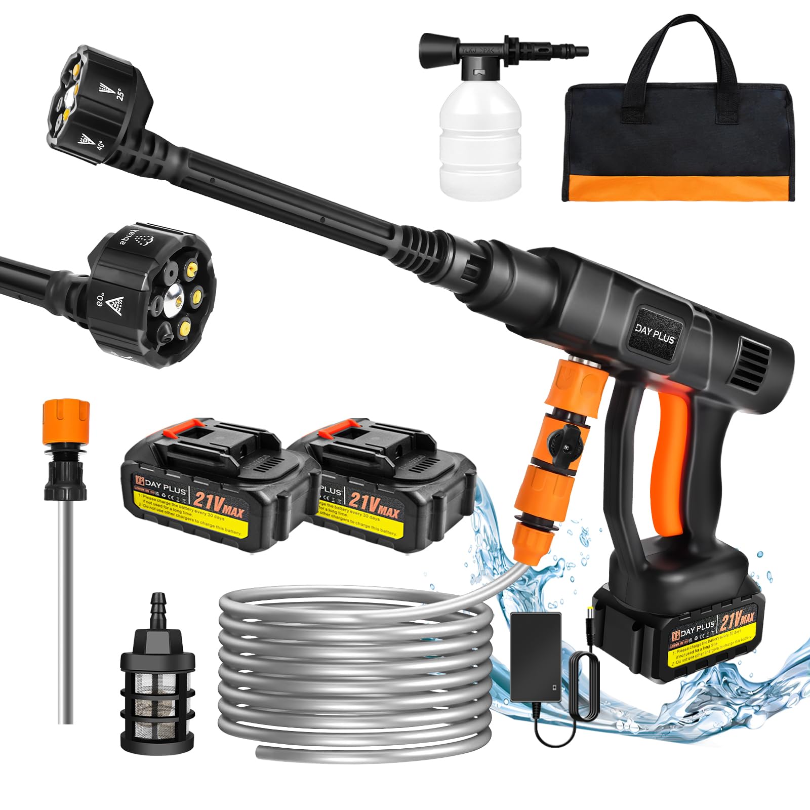 Cordless Pressure Washer with 2x 1.5Ah Batteries, 21V 45 Bar/652 PSI Portable High Pressure Water Gun, Car Wash Spray Gun with Foam Generator, Water Gun Spray Cleaner Car Washing Machine