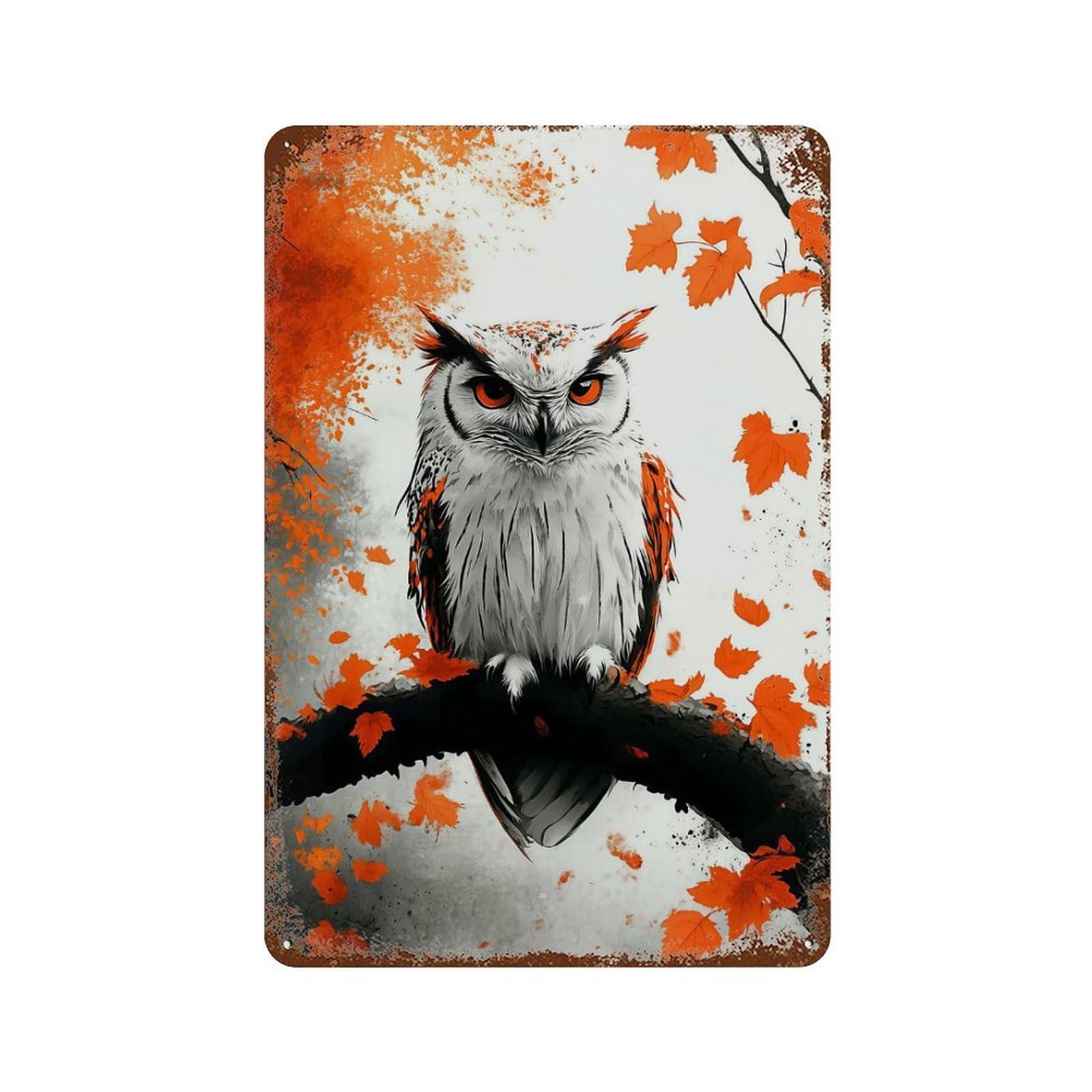 Decorative Tin Sign with Owl Perched on Branch with Orange Leaves Design 11.8"x7.9", for Farmhouse, Kitchen And Entryway Decor, Old School Wall Decor