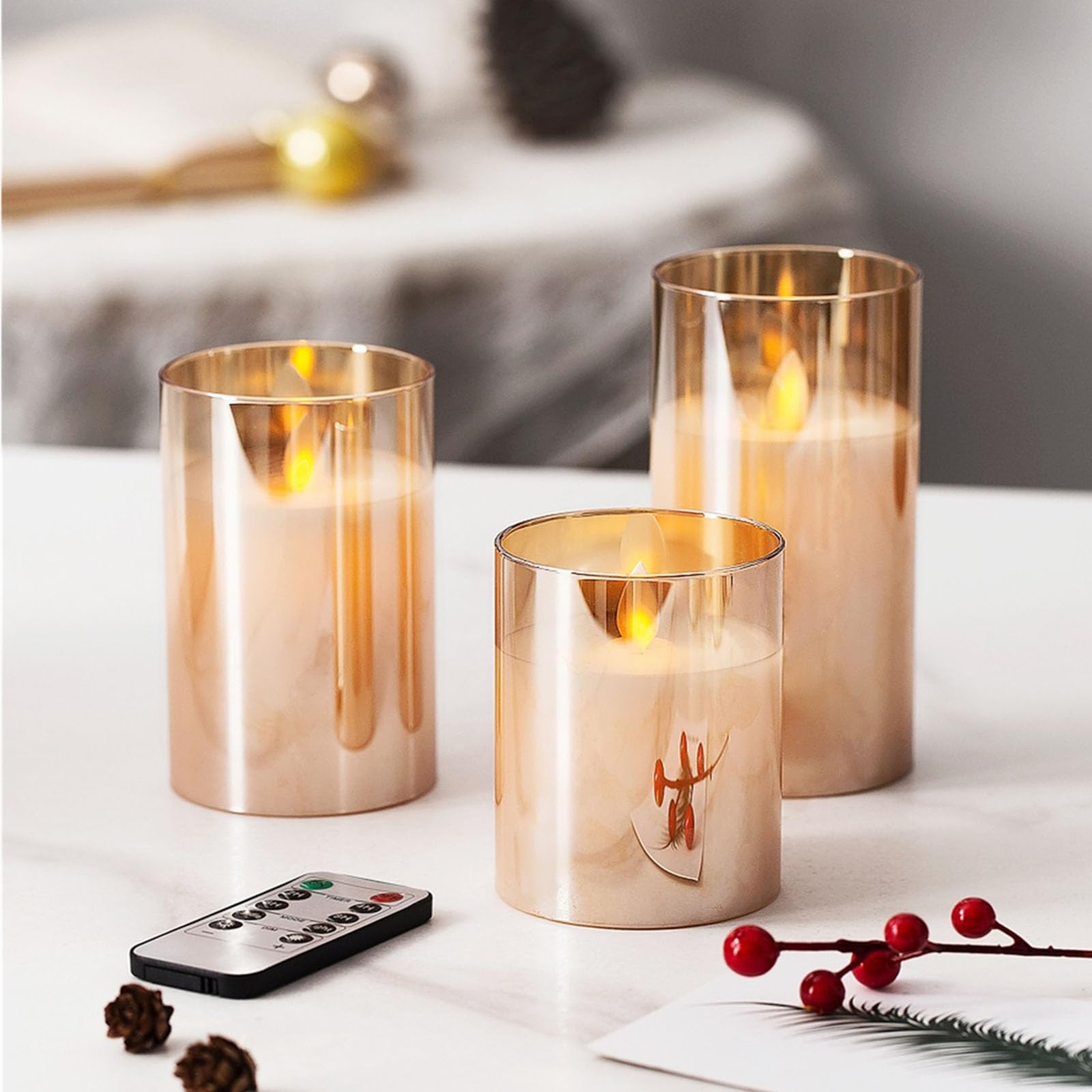 Candela senza fiamma in vetro ricaricabile con timer, telecomando, candela a colonna a LED, paraffina pura, set da 3 (Color : Amber)