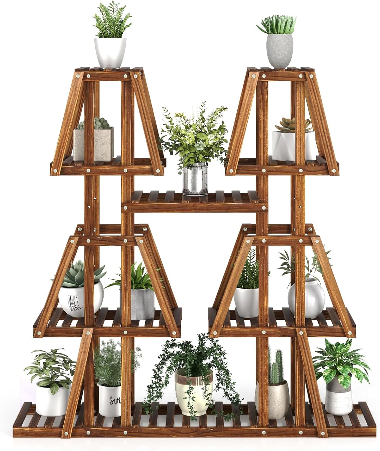 Giantex Plant Stand Indoor, 5-Tier Wooden Trapezoid Plant Holder Rack for Multiple Plants, Carbonized Pine Wood, Indoor Outdoor Flowerpot Holder Display Shelf for Living Room Balcony Patio Porch