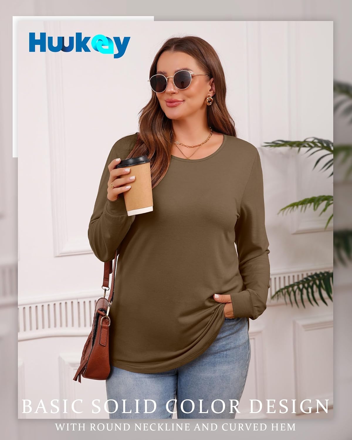 Huukeay 3 Pack Women Plus Size Long Sleeve Tops Loose Fit Tunic Shirts Crewneck Basic Tops Curved Hem Casual T Shirts - Image 3