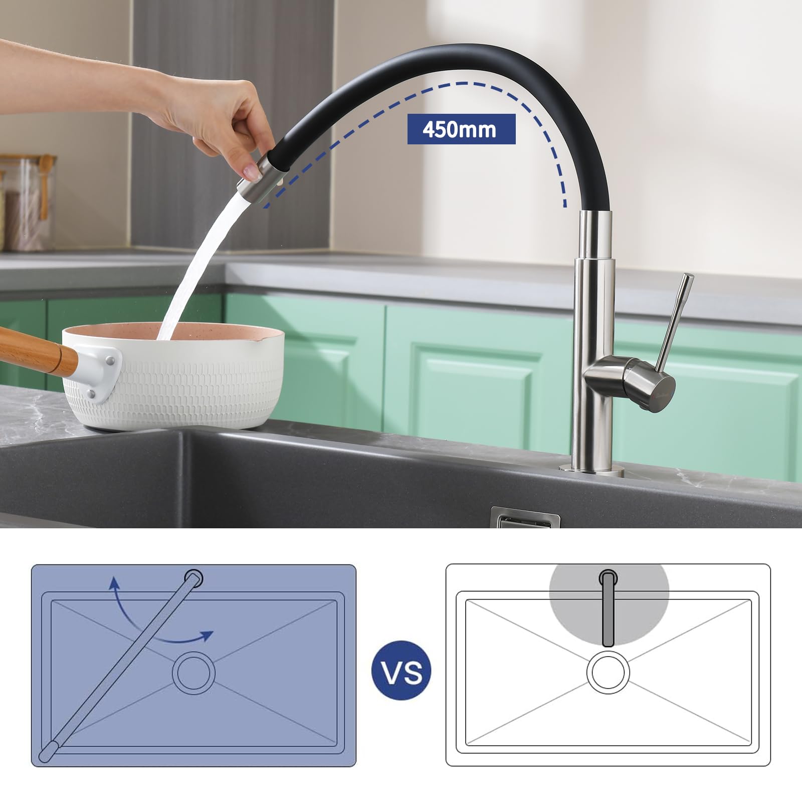 Wasserhahn Küche mit 360° Schwenkbarer Flexibler Auslauf, Hoher Bogen Hochdruck Küchenarmatur Edelstahl Spültischarmatur Küchenspüle Armatur mit Brause Armatur und Mischbatterie-Langlebig(Gebürstet)