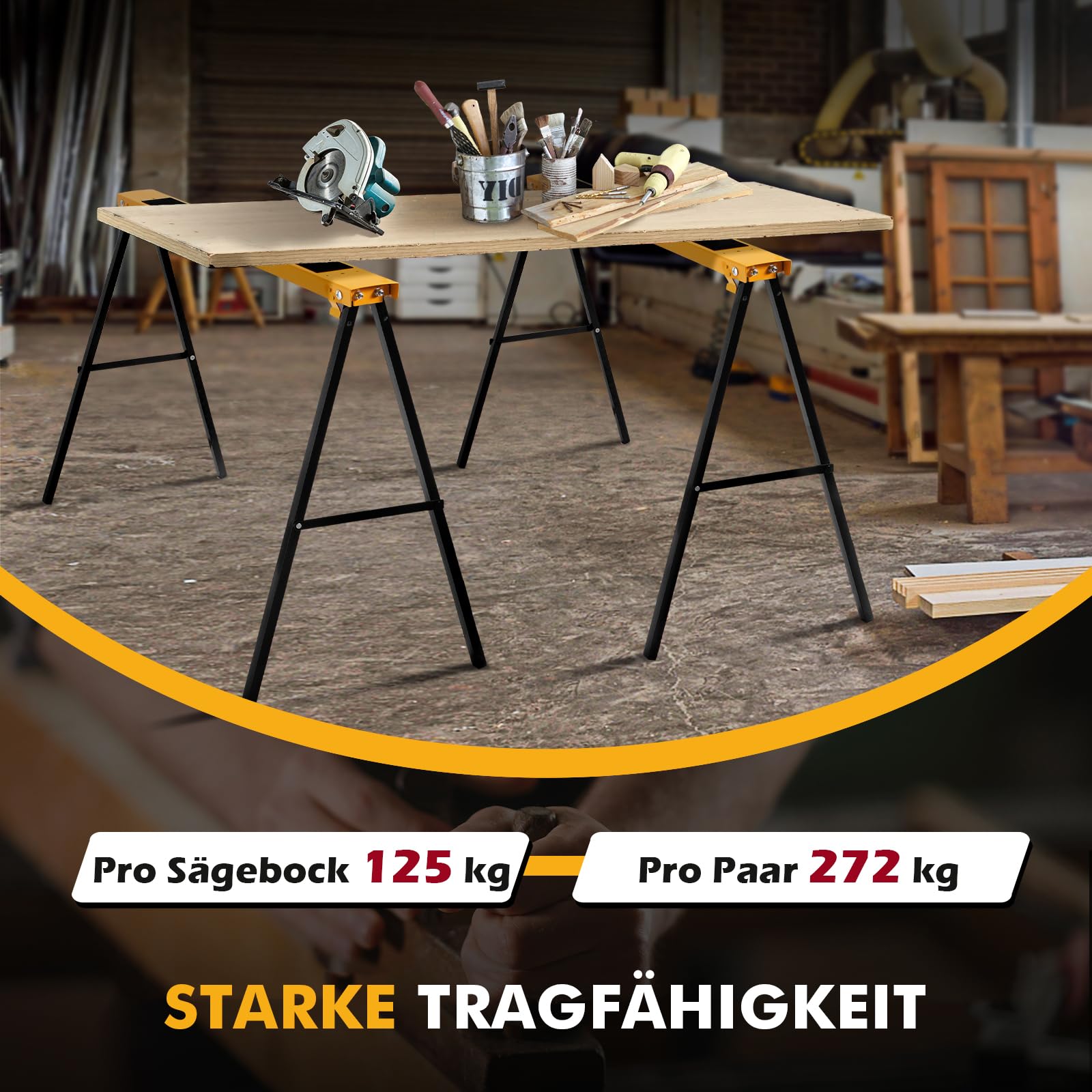COSTWAY 2 x Gerüstbock, Klappbock Set, Stützbock Sägehilfe, Arbeitsbock Metall , Unterstellbock Belastbar bis 275 KG, Arbeitsböcke klappbar, Faltbarer Bock mit Griff, Sägepferd Stahl, Gelb
