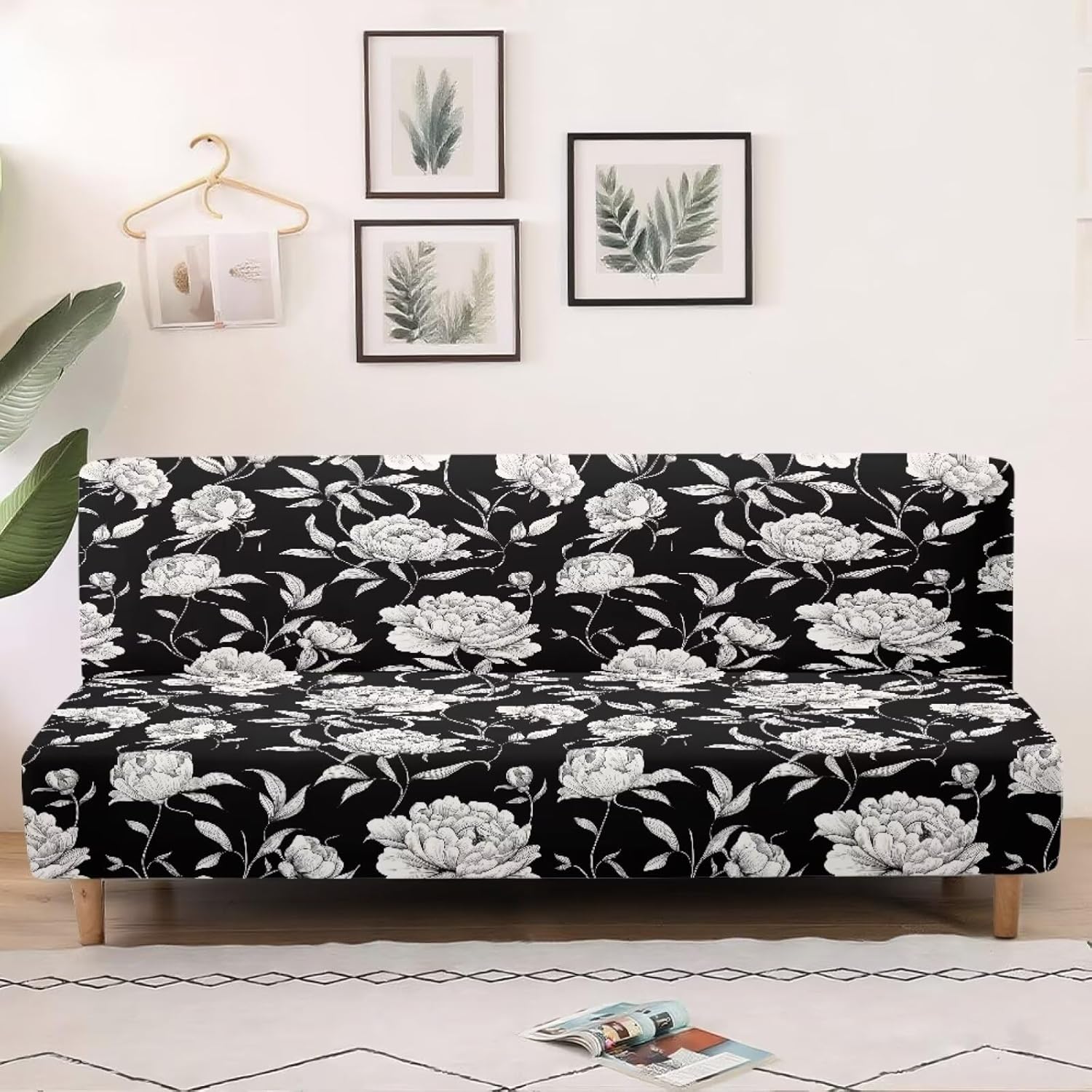 Futon Cover Washable Stretch Armless Sofa Cover Futon Slipcover Without Armrests Stain-Resistant Furniture Protector for Folding Sofa Bed Decor, Flower Black
