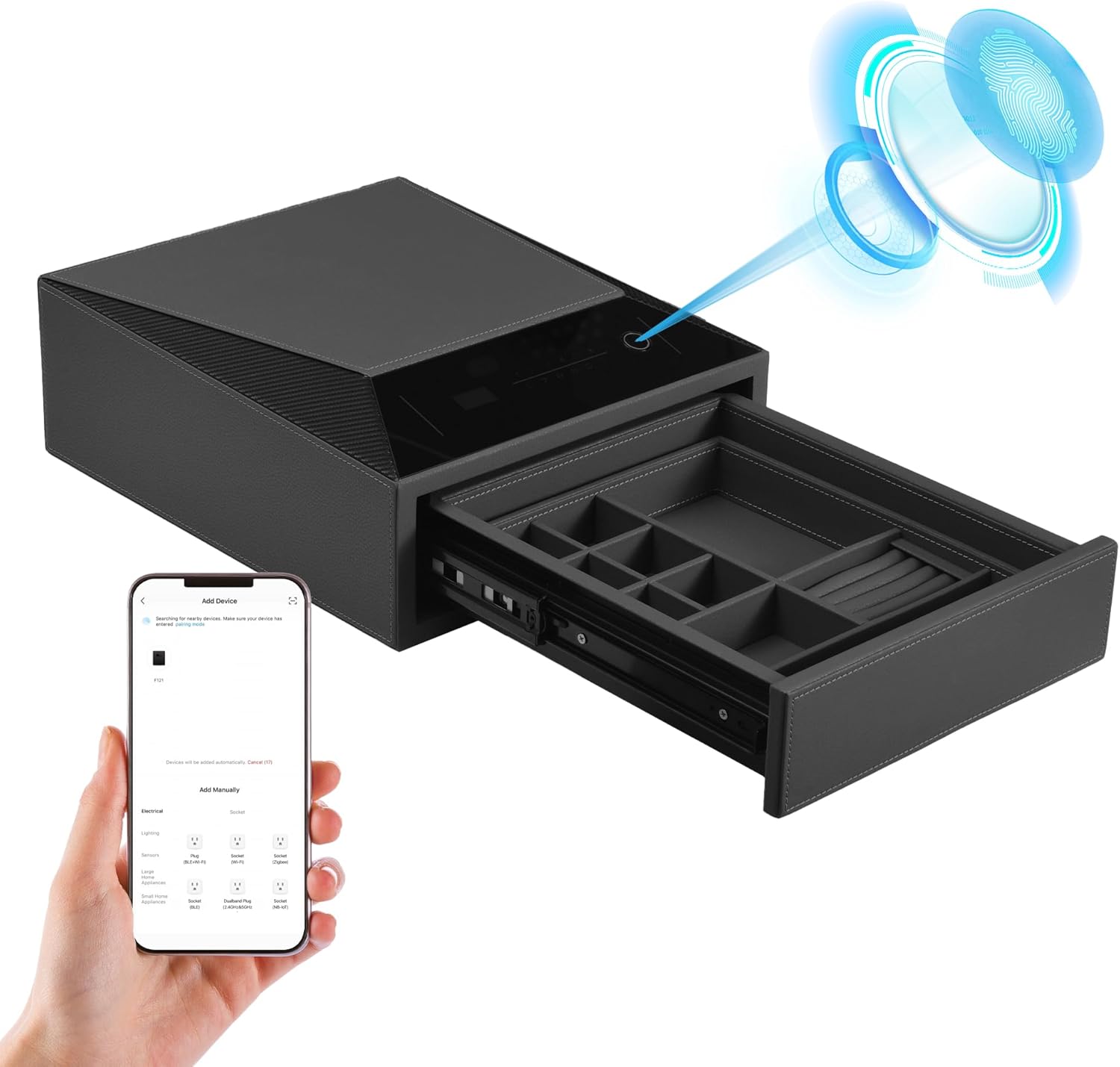 VALINIRT Biometric Fingerprint Secure,Leather-based Wrapped Jewellery Safes,Fast-Entry Handgun Secure for House and Automobile,Digital Keypad and Safe Slide-Away Drawer