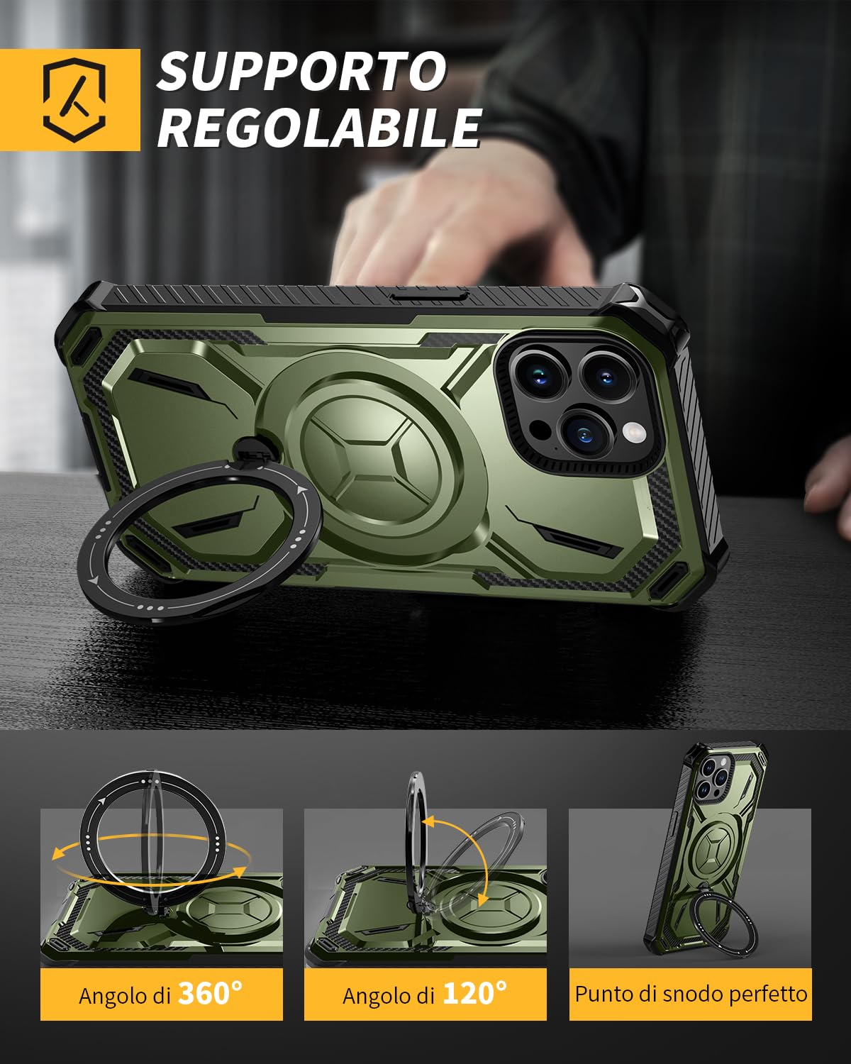 Btstring Cover per iPhone 15 Pro con Pellicola Protettiva, Militare Custodia con Stand Supporto Bumper Antiurto Case, TPU+PC Dual Layer Custodia- blu