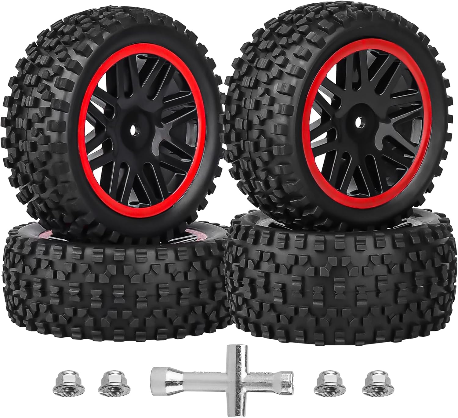 HobbyPark 12mm Hex Pre-Glued 1/10 RC Buggy Tires and Wheels Set Assembled, 3.46" (88mm) Tall for Traxxas Bandit VXL Losi Redcat Wltoys 144001 fit Brushless Motor 2S 3S Models