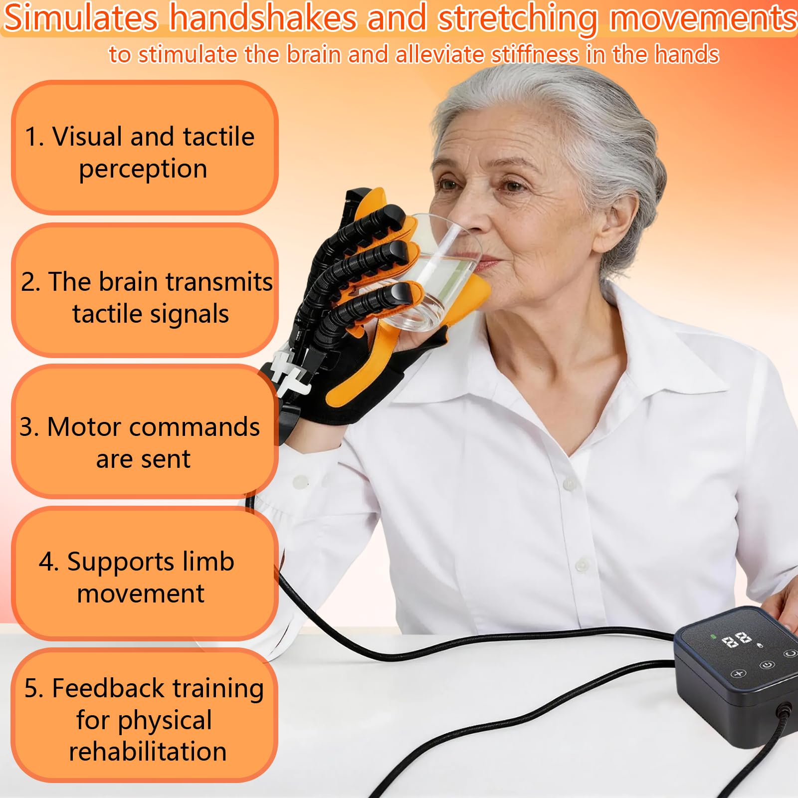 Guanto robotizzato riabilitazione, modalità/intensità regolabili, ricaricabile allenamento dita/mano, disturbi manuali, XL mano destra