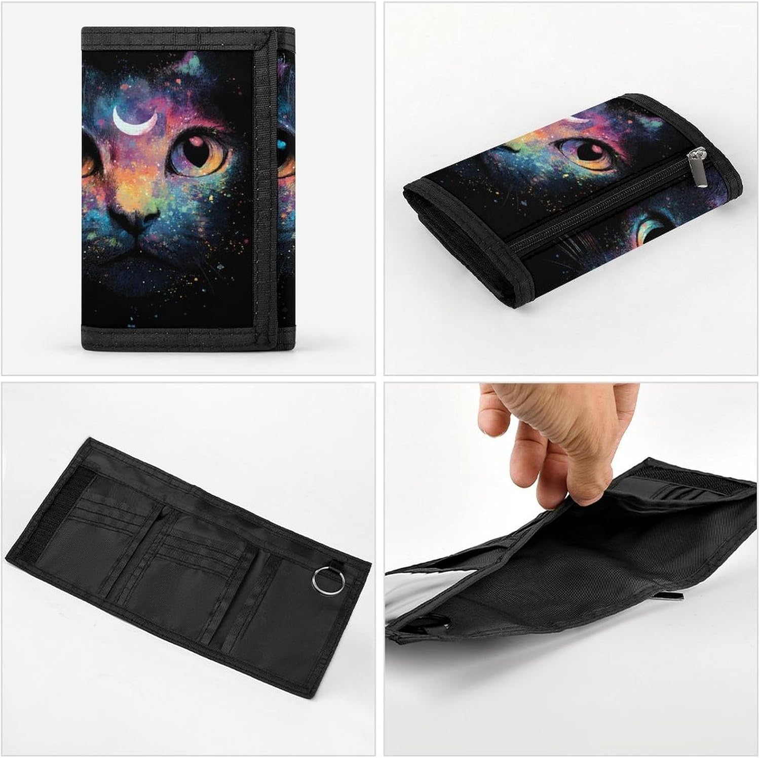 Cute Cat Galaxy Trifold Slim Wallet Front Pocket With Money Clip And ID Credit Card Slots For Travel Work