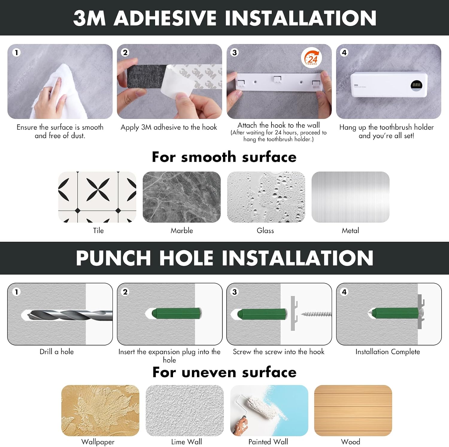 Auntyfey Sanitizeri Toothbrush Holder, Sanitizeri Toothbrush Cleaner, 2000mAh Rechargeable Cordless Wall Mounted Holders for Bathroom, 4 Slots & Timer Function, White