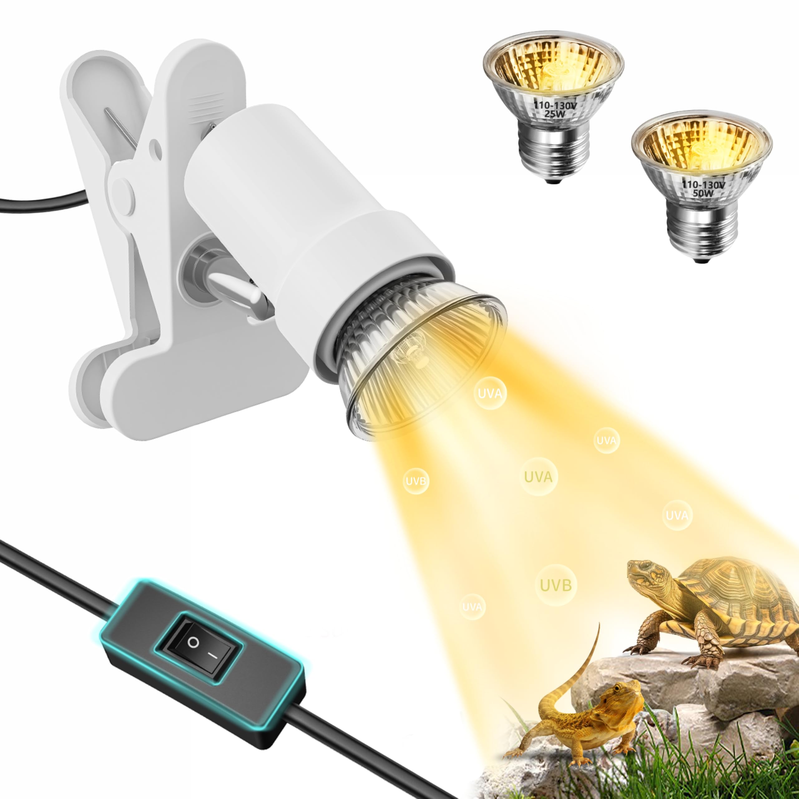 GOZILLA Reptile Heat Lamp, 360° Rotatable Turtle Light with 25W+50W UVA/UVB Reptile Light Bulbs, Turtle Lamp for Reptile and Amphibian Tanks,