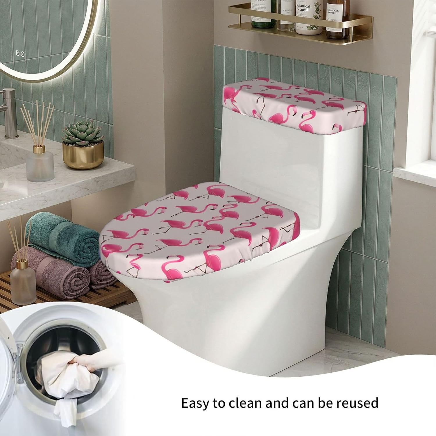Tropical Flamingos Toilet Lid Covers And Tank Cover Set Soft Stretchable Toilet Cover Set 2 Pcs Washable Fits Round And Elongated Oblong For Bathroom Replacement And Decorative