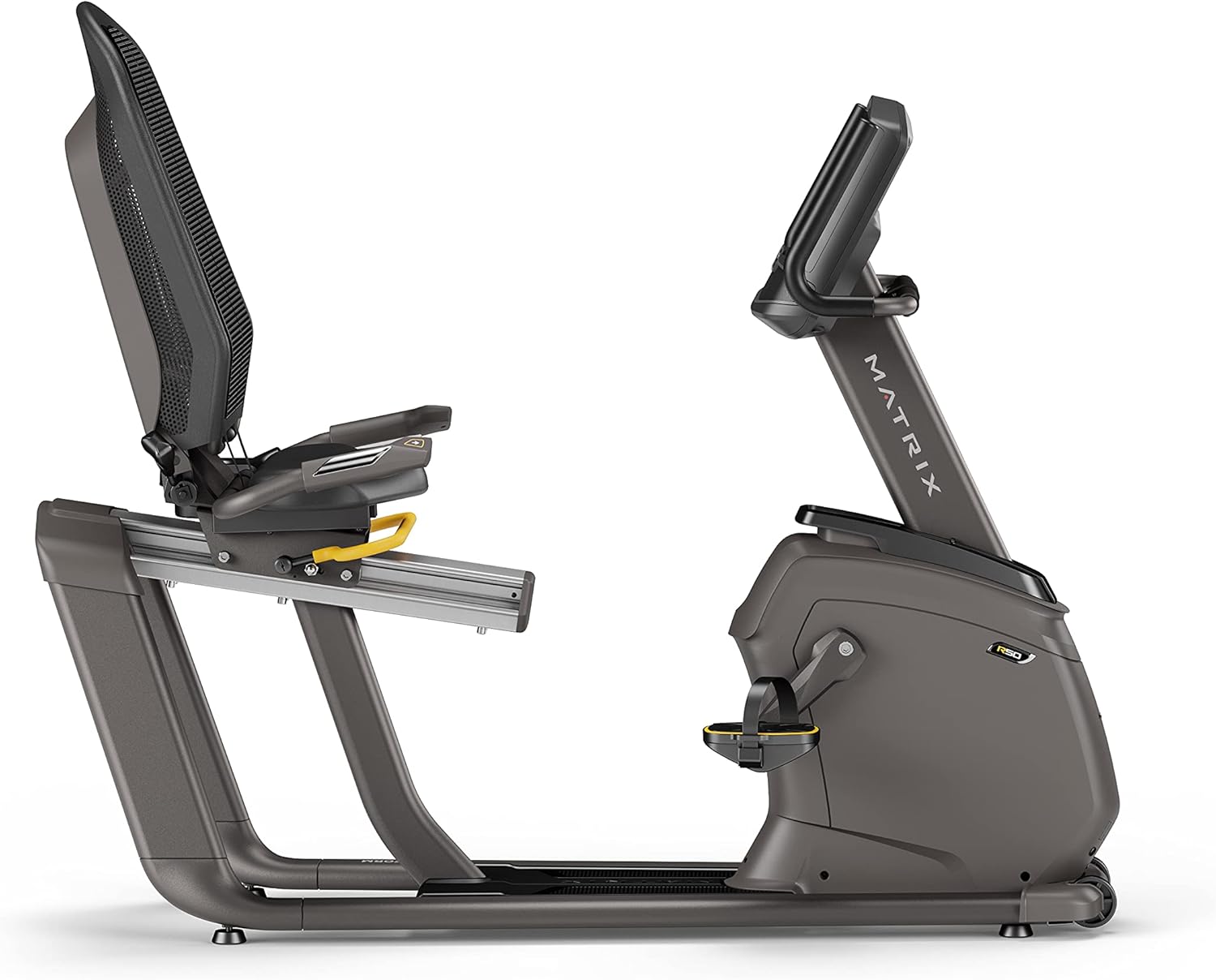 User interacting with the XIR console on the Matrix Fitness R50 Recumbent Bike.