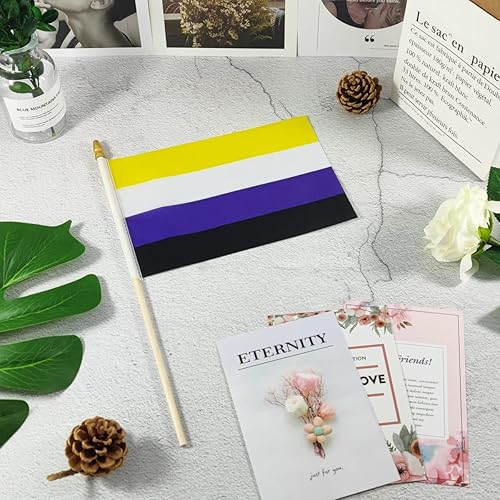 Miniatura 4 de Newperlite Nonbinary NB Pride Stick - Banderas pequeñas de mano LGBT - Poste de madera maciza y parte superior de lanza, paquete de 12, 5 x 8