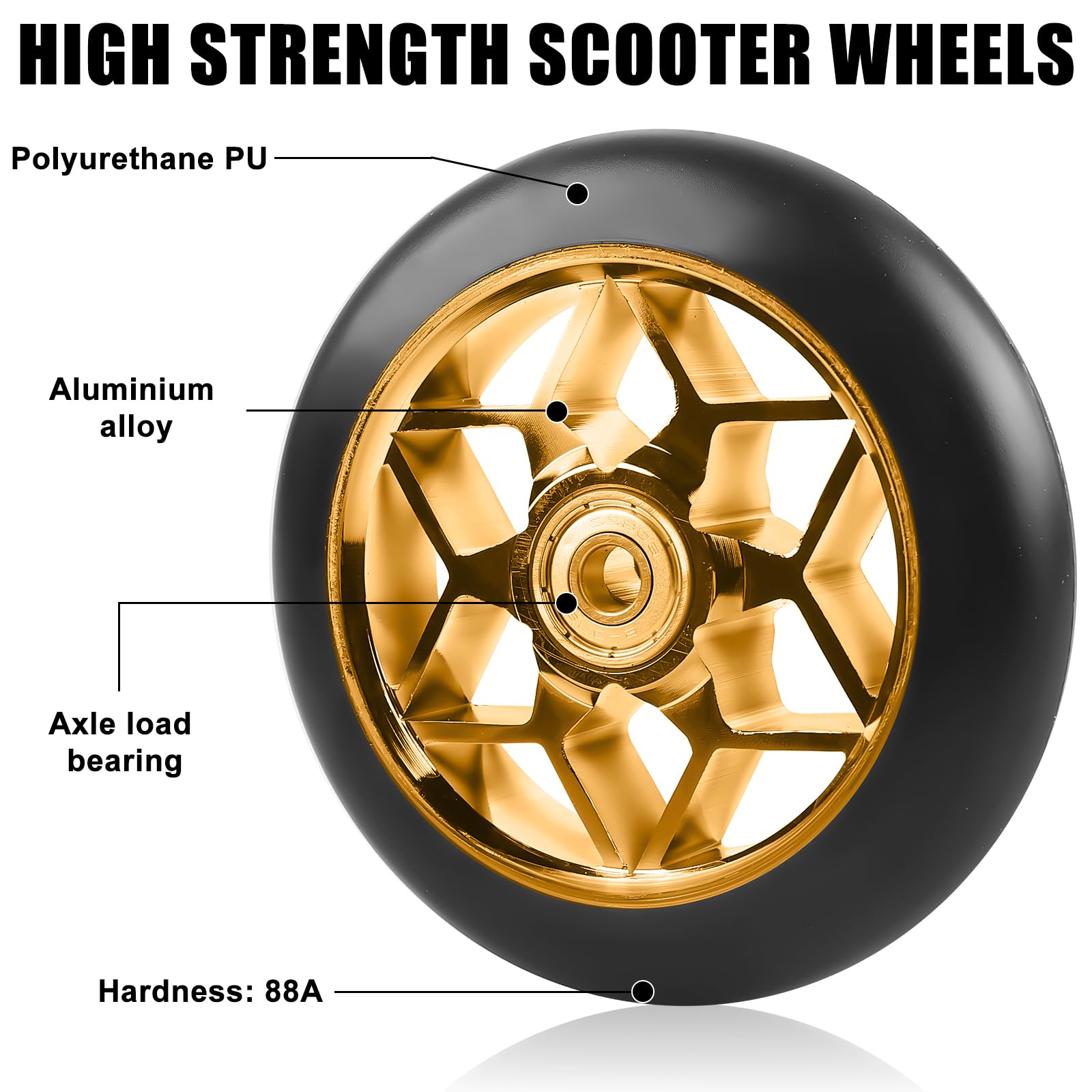 2 pezzi ruote Stunt Scooter 110 mm, ruote di ricambio per scooter, 88A ruote per roller per stunt con cuscinetti ABEC-9 nucleo a raggi in alluminio, ruote di ricambio scooter per tutti i tipi (oro