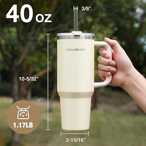 Miniatura 10 de HAUSHOF Vaso de 40 onzas con asa y pajita, vaso de café aislado de acero inoxidable con tapa Tritan, taza de viaje de doble pared, botella de agua,