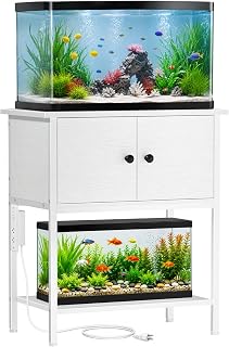20-29-30 Gallon Fish Tank Stand with Power Outlets, Metal Frame Aquarium Stand with Cabinet Storage, Reptile Turtle Tank Stand for Home Office up to 400 LBS, 27.6" L x 15.7" W x 32.3" H, White
