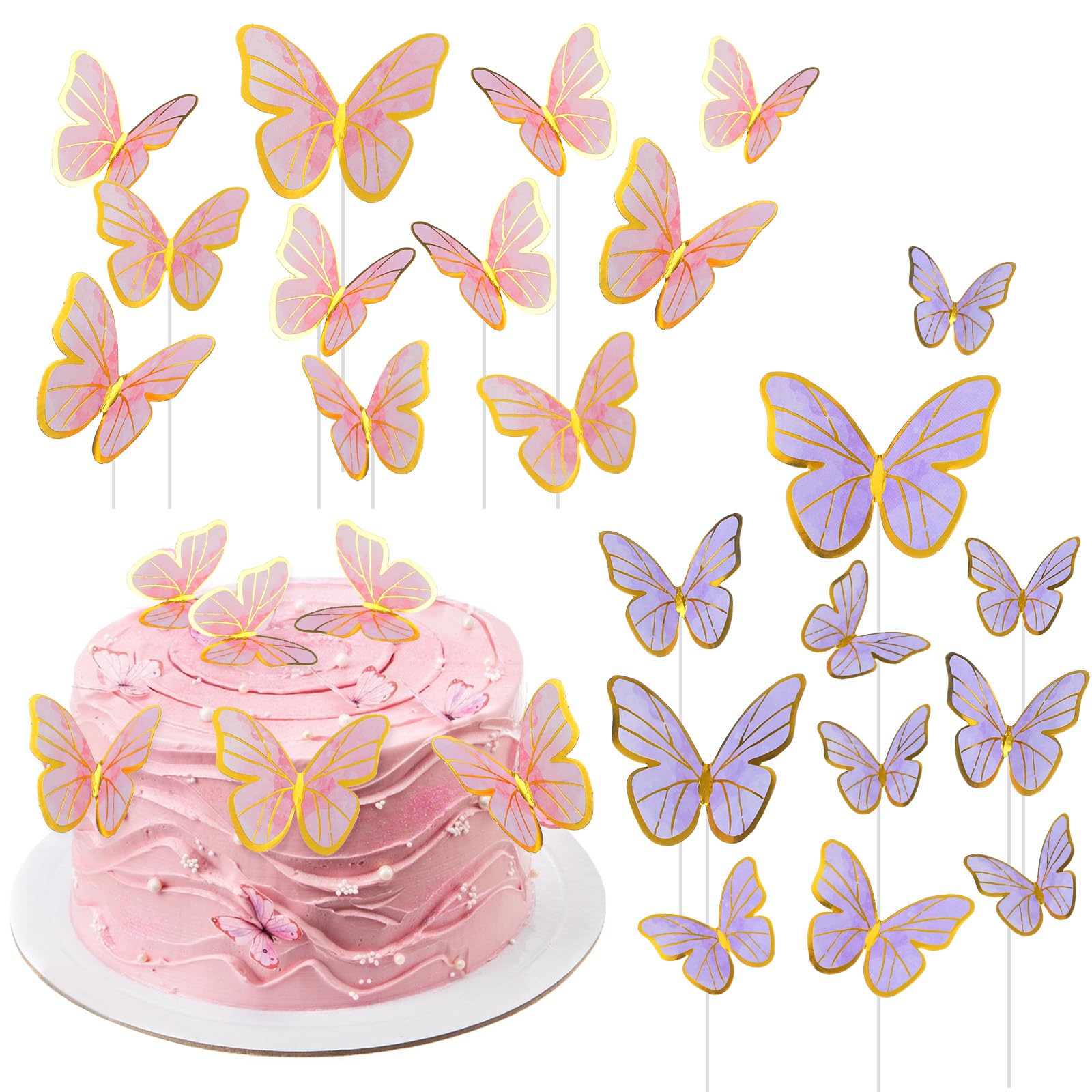 Classicseali 44pcs Butterfly Cake Toppers,Butterfly Cake Decorations,Gold-Foiled 3D Butterflies for Cakes Decorations, for Girls, Women's Birthday, Wedding, Party,Baby Shower Decoration, Purple,Pink