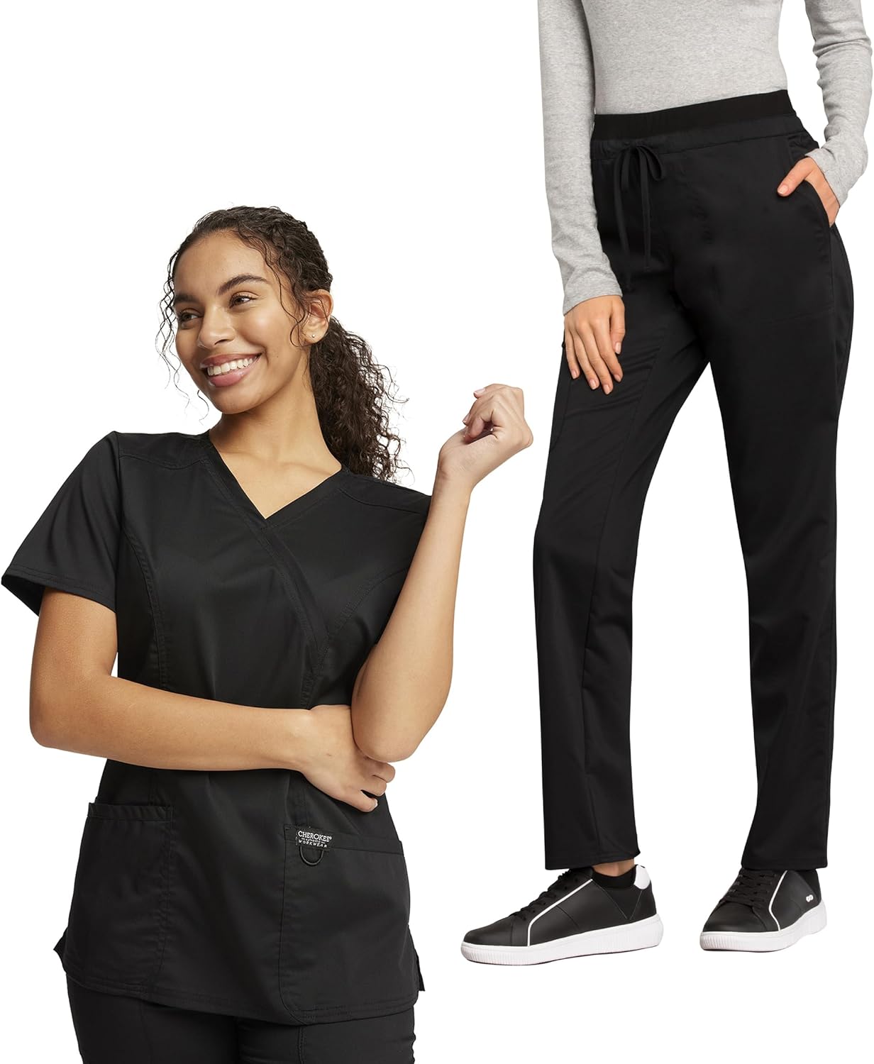 Cherokee Women's Scrub Set Mock Wrap Top with Princess Seams WW610 Mid Rise Tapered Leg Elastic Waist Drawstring Pant WW105