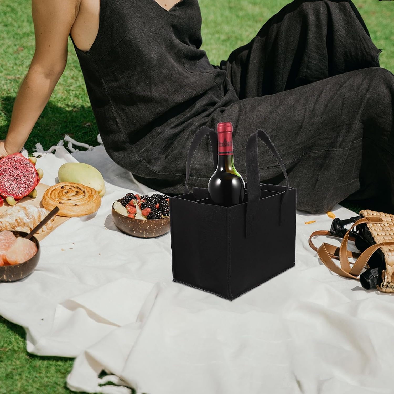 COLLBATH 3pcs Wine Tote: 6 Slots Felt Red Wine Carrier Tote - Reusable Storage Bag with Handle - Storage Bag for and Party Beer Drinks