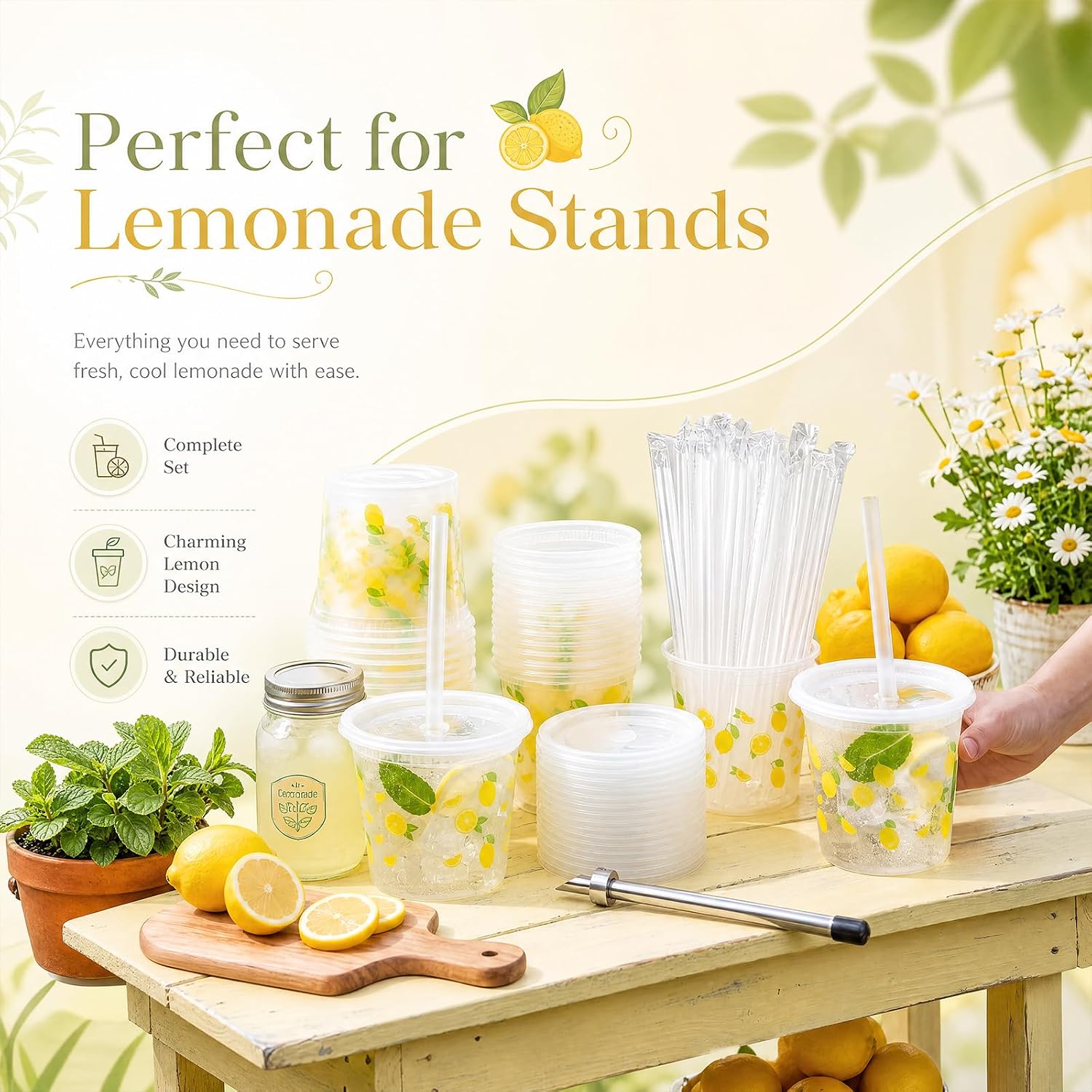 FillTouch 50 Set Lemonade Cups with Lids Straws Plastic Drink Buckets Include Plastic Cups Stainless Steel Straw Hole Puncher Beverage Cafe Drinking Lemonade Stand Supplies (24 oz) image 5