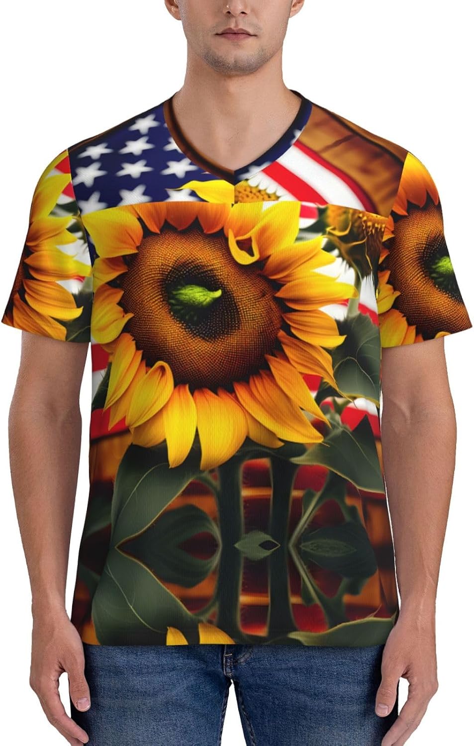Sunflower and American Flag Rugby Football Jersey for Men, Comfortable V-Neck Loose Fit Top for Team Sports Athletics