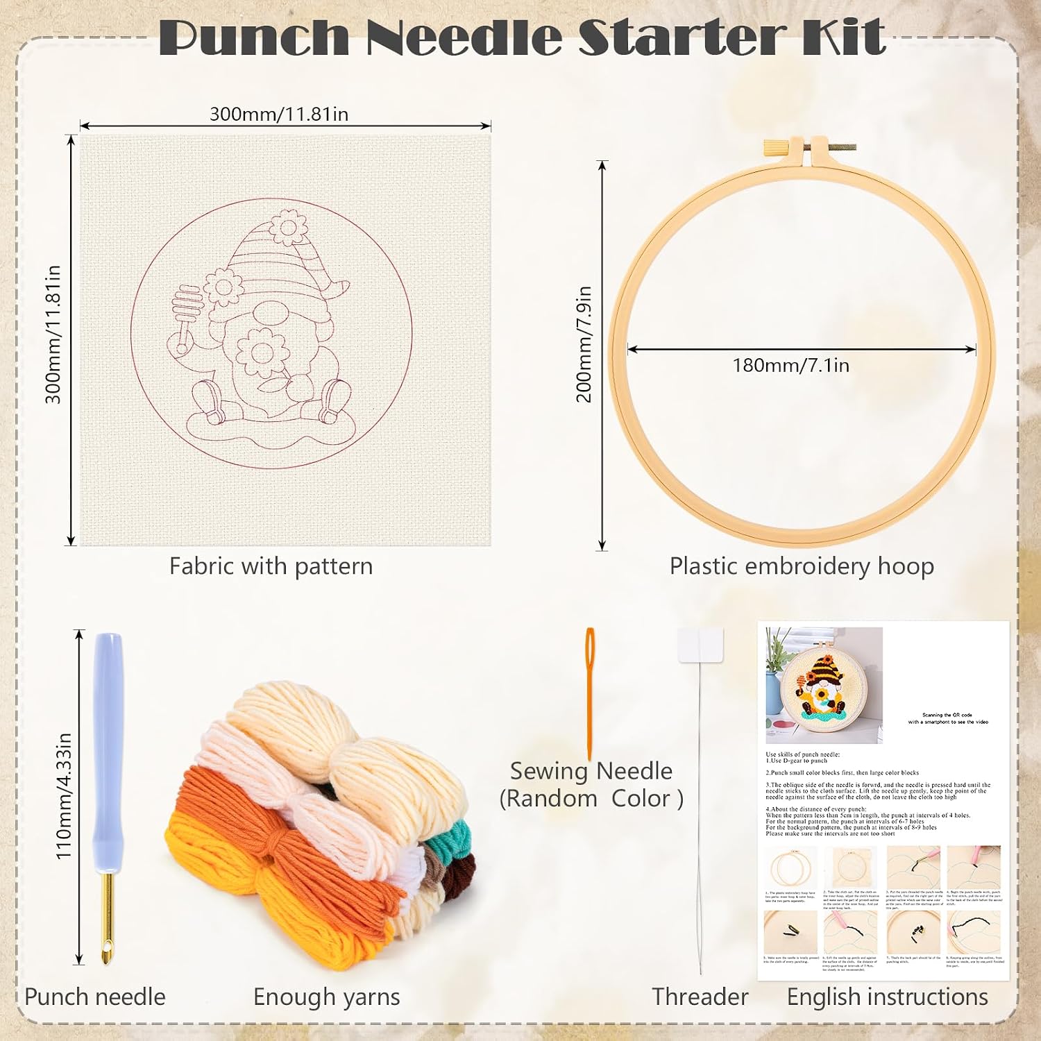 JSRQT Honey Gnomes Punch Needle Kit for Beginners, Punch Needle Embroidery Starter Kit for Adult Kids, DIY Cross Stitch Rug Hooking Craft Beginners Kit with Tools for Home Decor