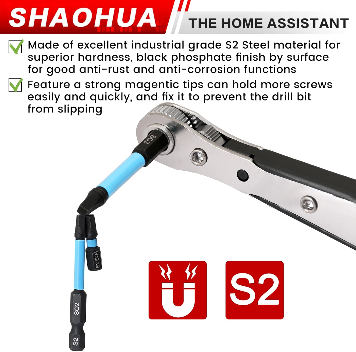 Square Drill Bit with Ratchet Screwdriver, 2.36"&0.98" Magnetic Head Robertson Screwdriver #1,2,3,4 and #5, 1/4" Hex Shank with Extension Bit Holder, for Vehicles, Bicycles, Furniture